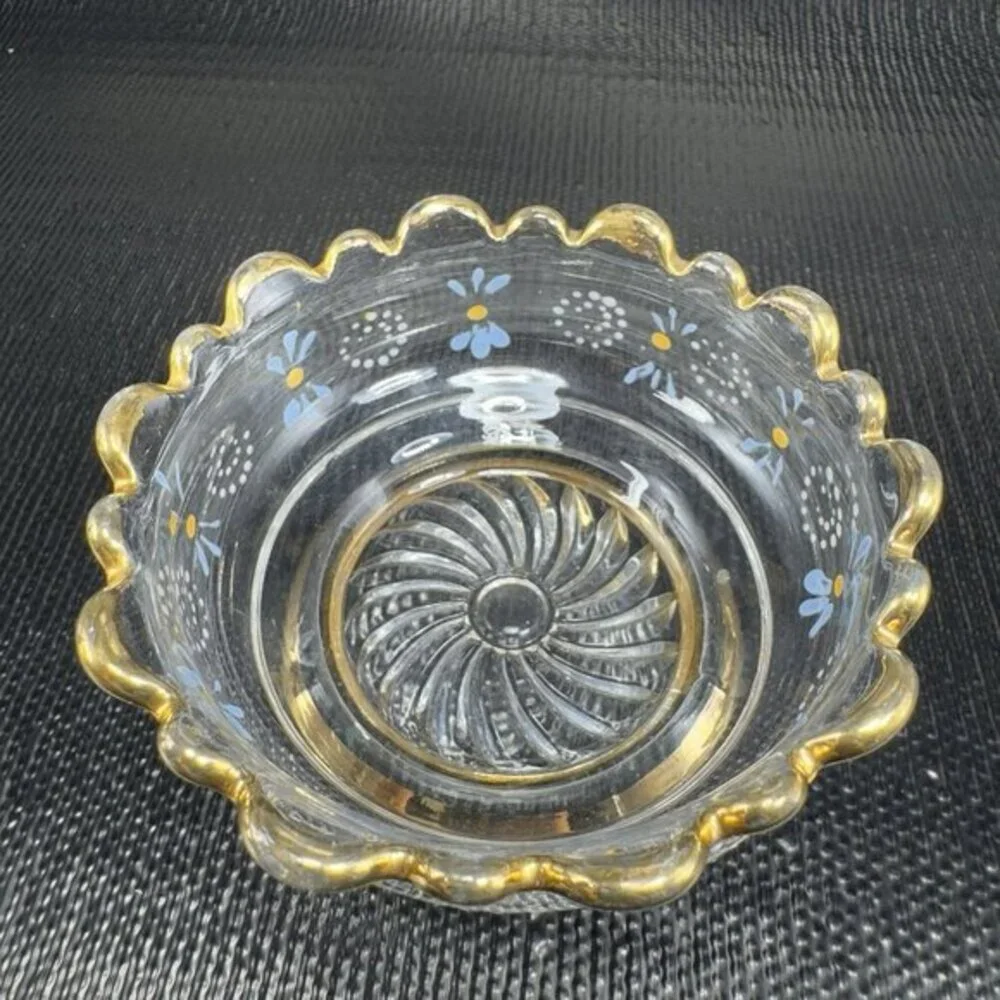 Antique Enameled Paint‎ Glass Bowl Dish Gold Painted Edge Manganese 365nm Set 4